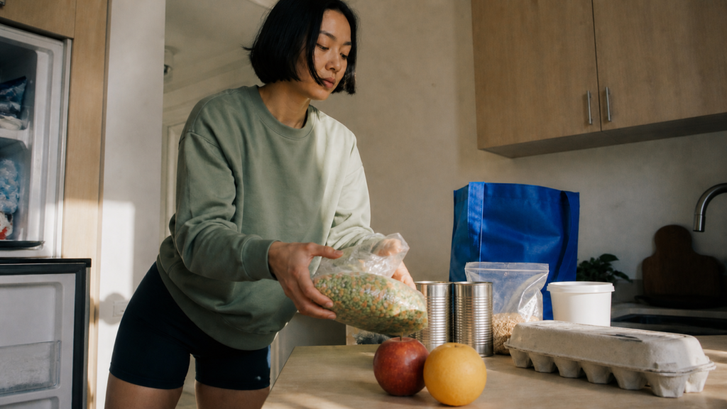 Woman setting frozen vegetables beside beans, whole grains, eggs, fruit, and yogurt on a kitchen counter.