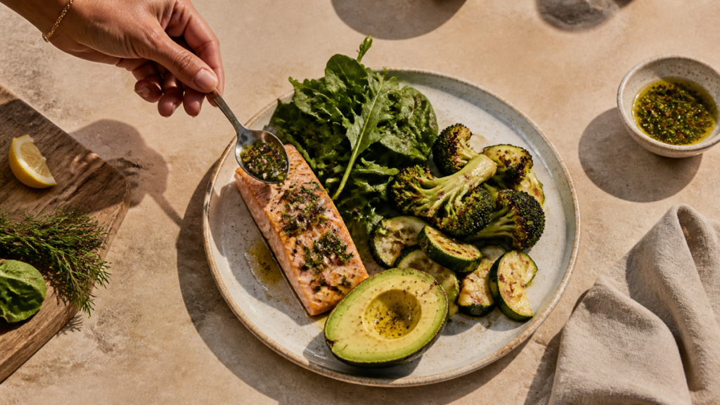 Overhead keto meal with salmon, leafy greens, roasted broccoli and zucchini, avocado, and olive-oil herb dressing.