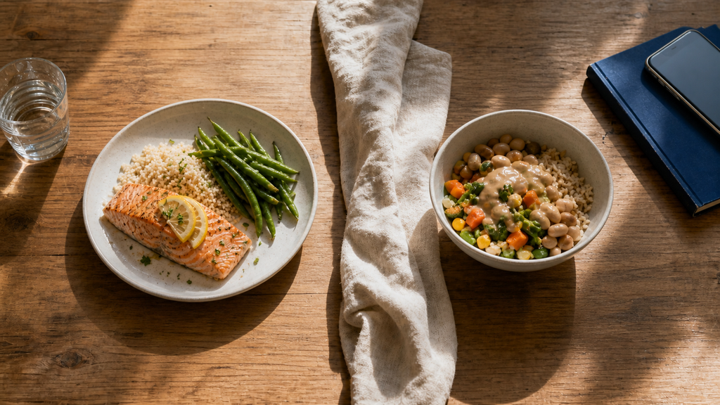 One salmon dinner beside one quick grain, bean, and vegetable backup bowl.