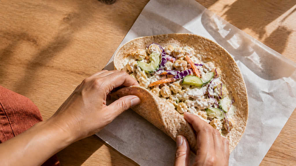 Hands rolling a whole-grain chickpea wrap with cabbage, carrot, and cucumber.