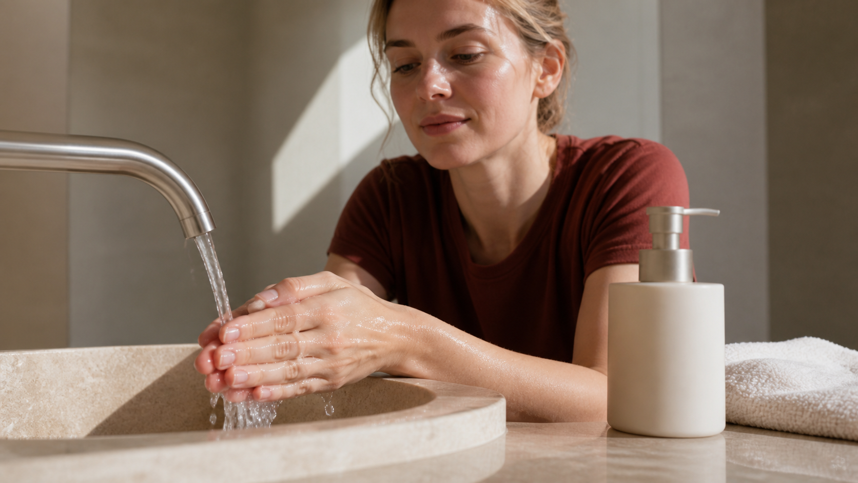 Woman washing both hands at a bathroom sink before beginning a face massage.
