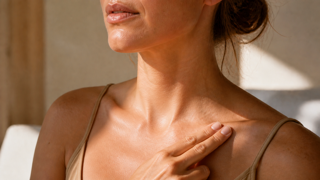 Two fingertips resting lightly above the outer collarbone and away from the throat.