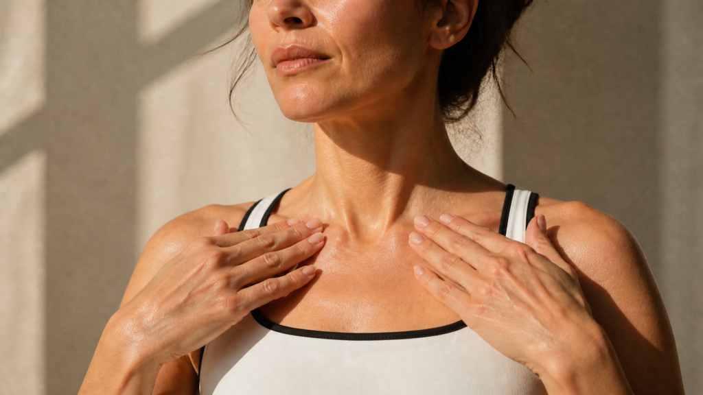 Relaxed fingertips applying very light pressure just above both collarbones.