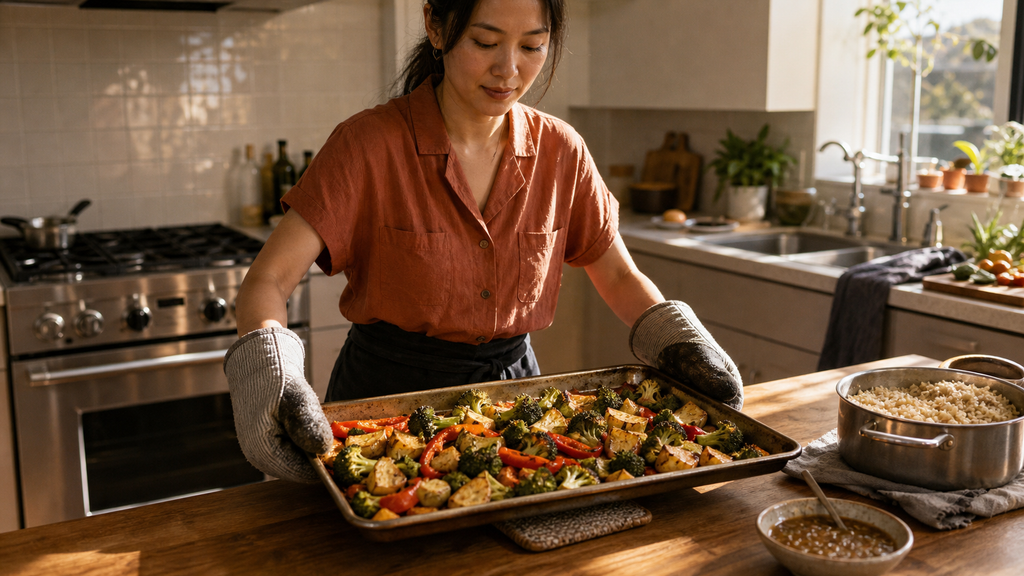 Woman setting down roasted vegetables beside cooked brown rice and dressing for flexible meal prep.