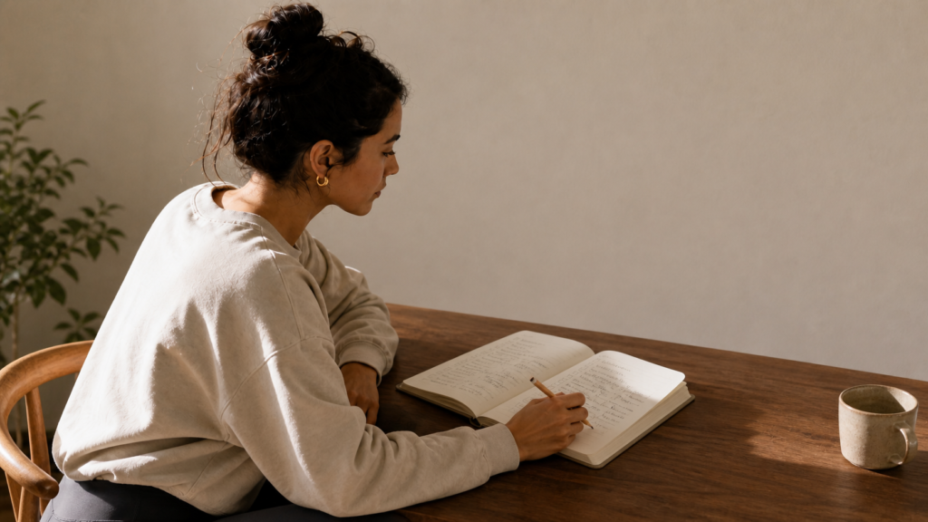 Woman marking a small handwritten checkbox in an open daily planner at a sunlit wooden table.