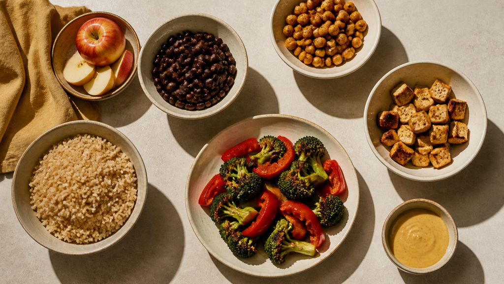 Brown rice, beans, tofu, roasted vegetables, fruit, and dressing arranged as flexible meal components.
