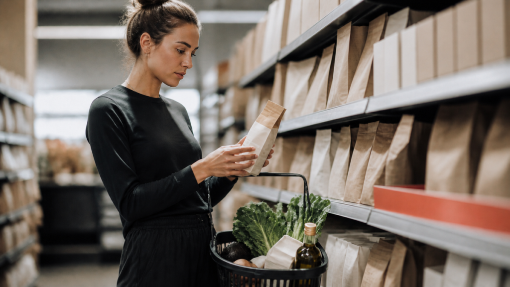 Woman checking the back of an unbranded food package while shopping for leafy greens, avocado, eggs, yogurt, and olive oil.