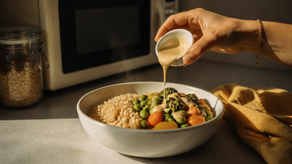 Hand drizzling sauce over a bowl of brown rice, edamame, and mixed vegetables beside a microwave.