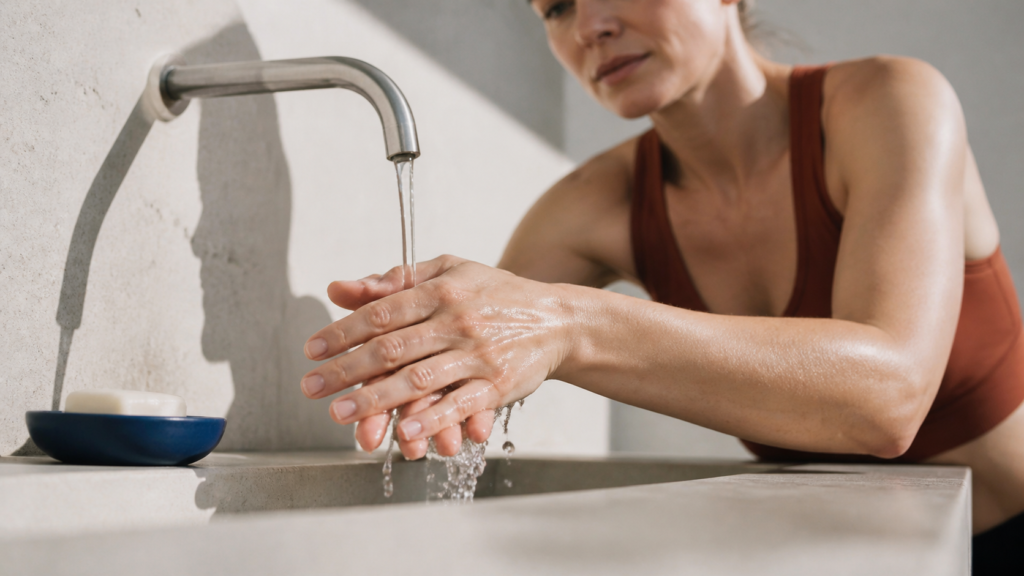 Woman washing her hands before starting a facial self-massage.