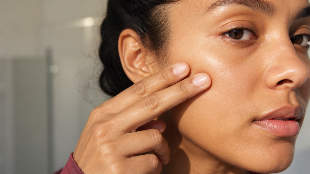 Two relaxed fingertips making a barely visible light-pressure stretch on the cheek.