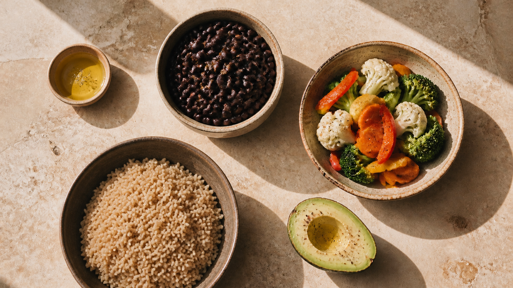 Beans, mixed vegetables, brown rice, avocado, and olive oil arranged as flexible meal building blocks
