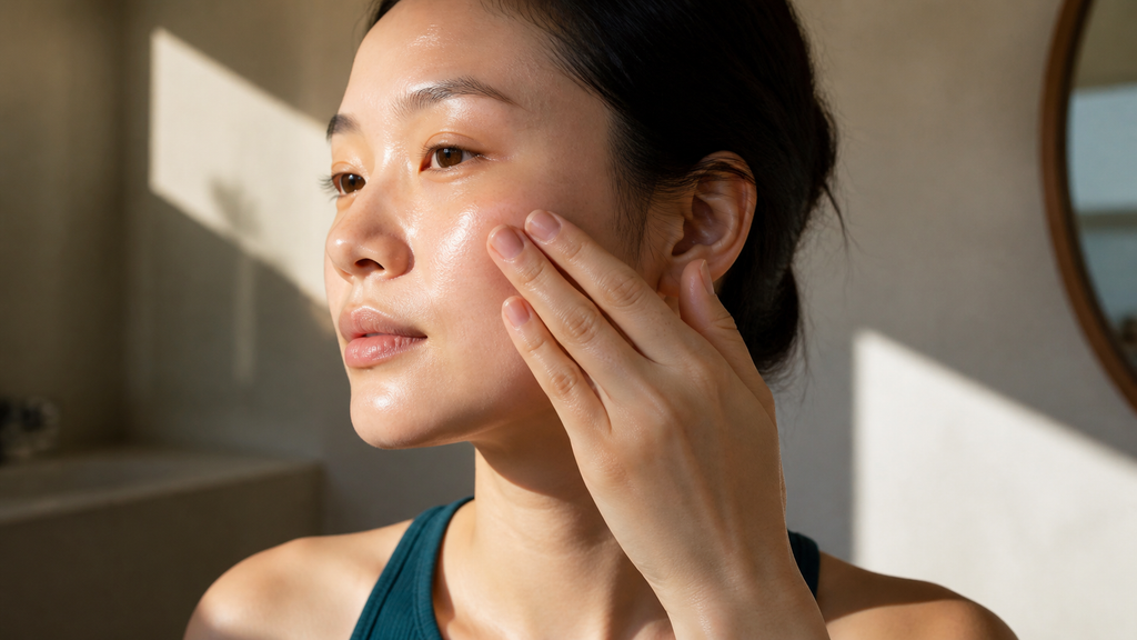 Woman using three broad fingertips for a light outward cheek stroke toward the ear.