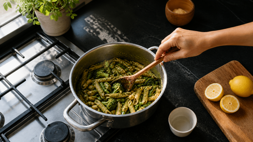 One portion of pesto pasta with chickpeas and green vegetables being stirred in a small saucepan.