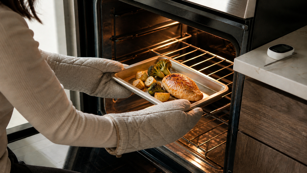 Woman removing one portion of cooked chicken, broccoli, and potatoes from the oven.