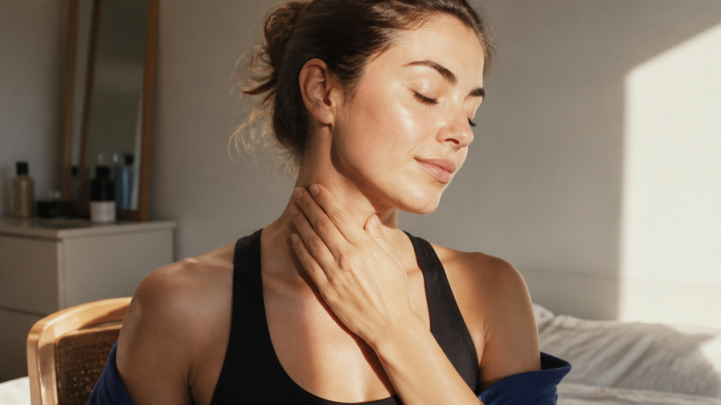 Woman finishing a face massage with a gentle stroke down the side of her neck toward the collarbone.