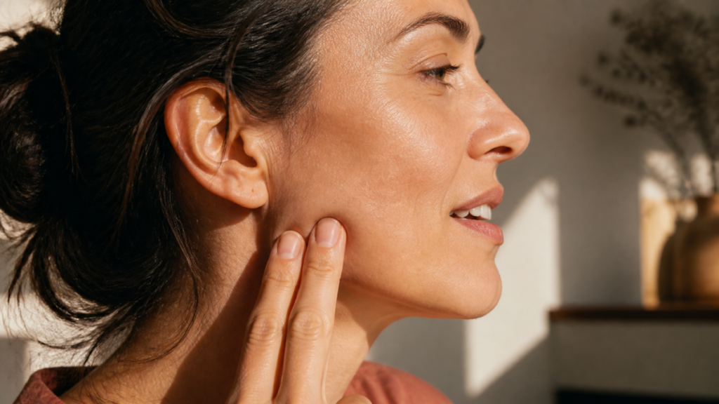 Two fingertips making small, slow circles over the jaw muscle with light pressure.