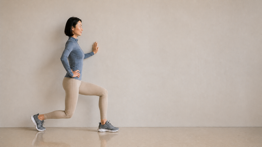 Woman using a wall lightly for balance during a supported split squat at home.