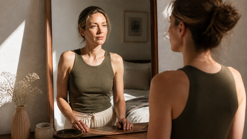 Woman keeping her hands lowered while checking unfamiliar facial swelling in a mirror.