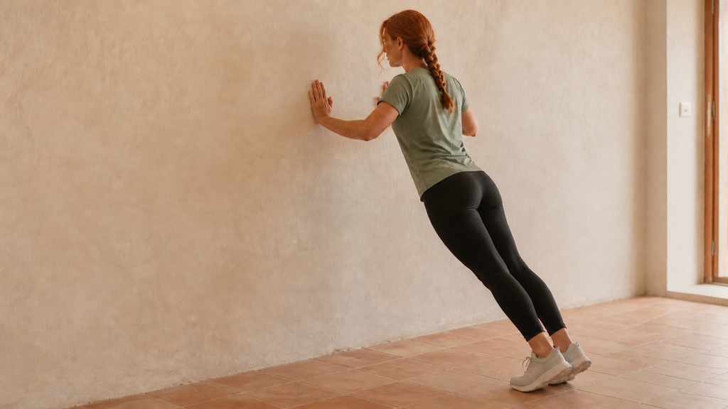 Woman performing a controlled wall push-up with both hands on a wall.