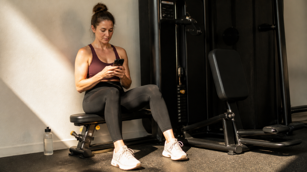 Woman recording machine settings, weight, and repetitions on her phone after a gym set.