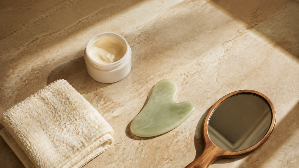 Intact rounded gua sha tool, open moisturizer, clean washcloth, and hand mirror arranged on a vertical sunlit vanity.