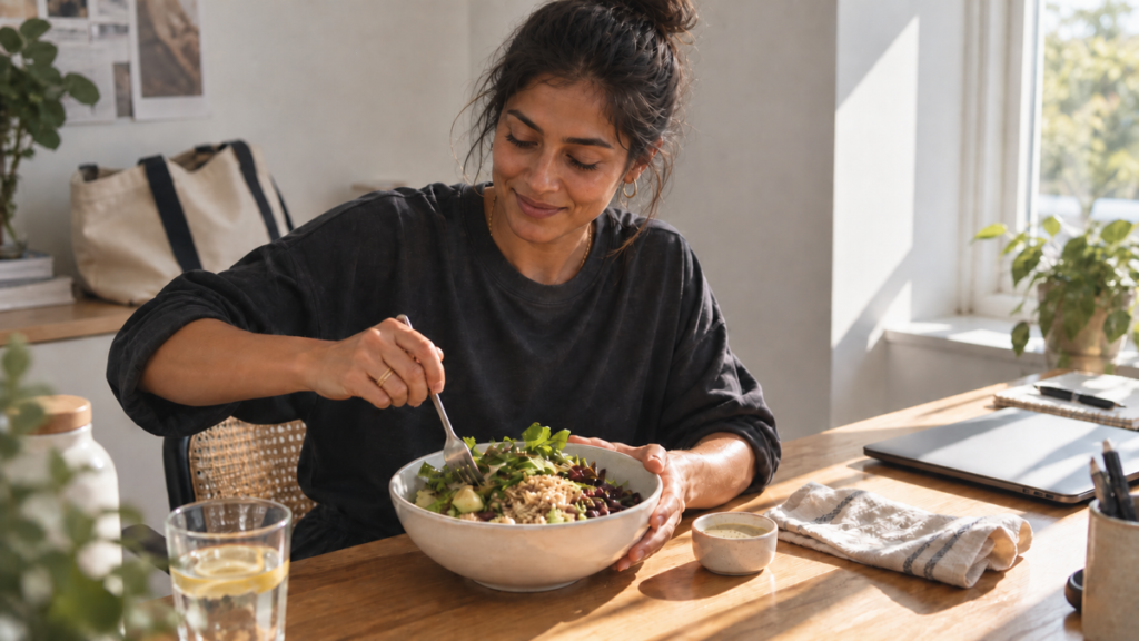 Woman mixes greens, beans, and grains in a bowl beside a closed laptop.