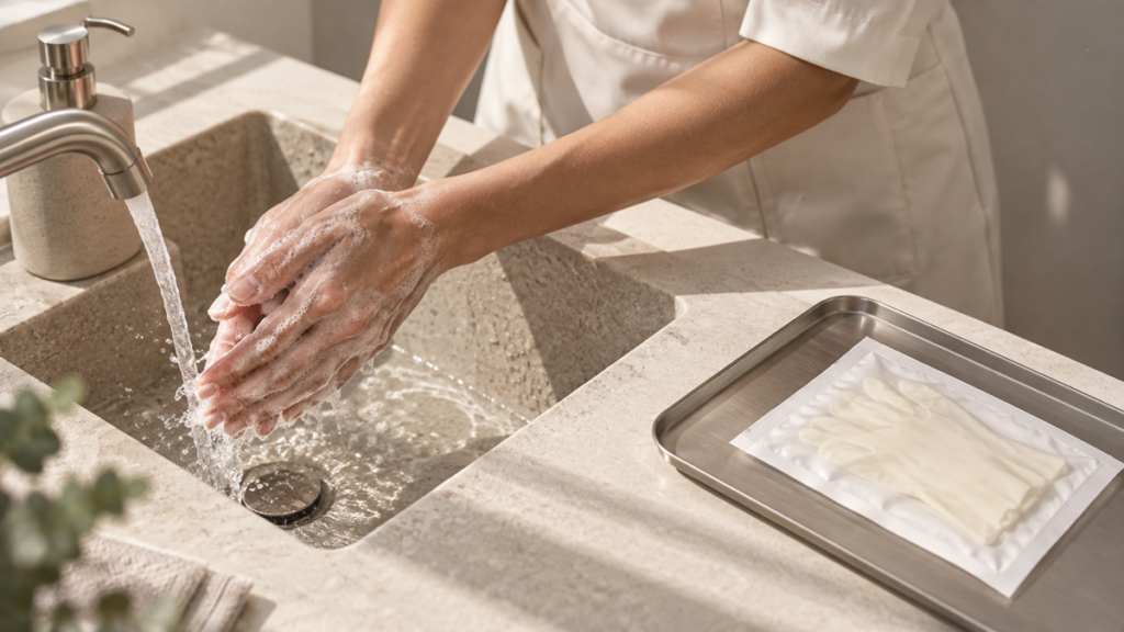 Practitioner washing both hands beside a dry sealed packet of new examination gloves.