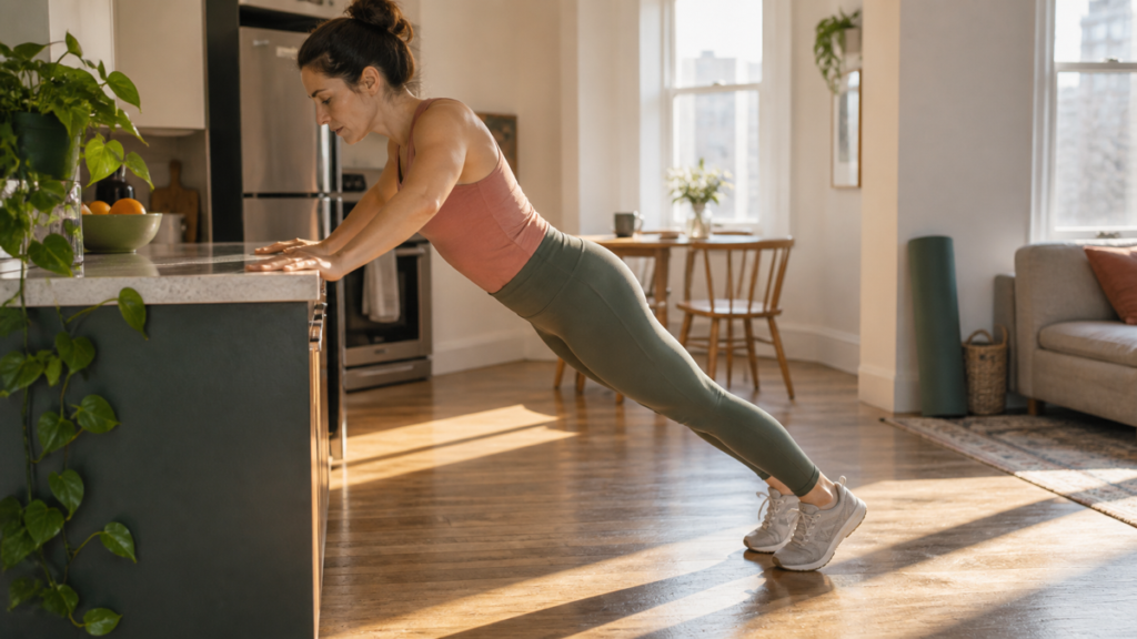 Beginner performing a controlled counter push-up with her body aligned from head to heels.