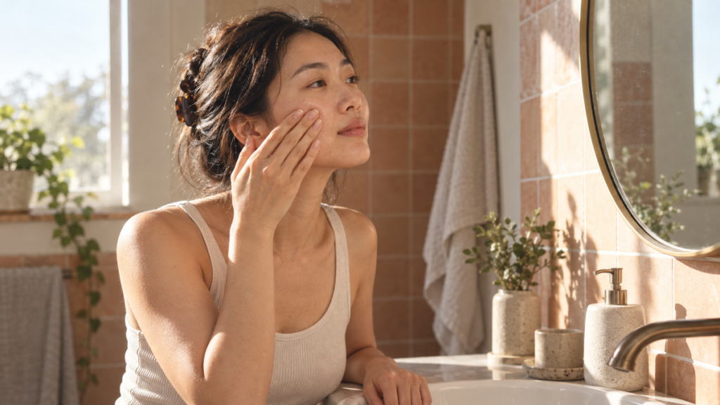 Woman using clean fingertips for a gentle external cheek massage in a sunlit bathroom.