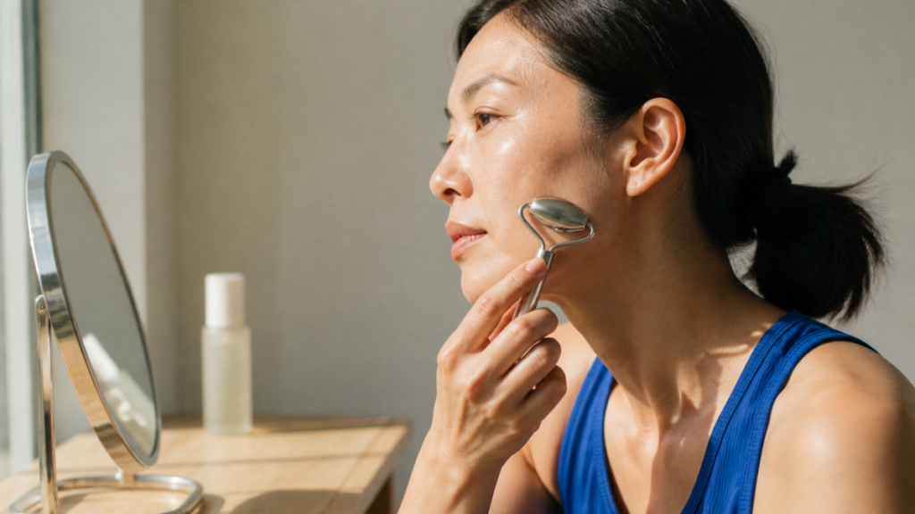 Woman using a plain facial roller gently along her cheek in a vertical sunlit vanity scene.
