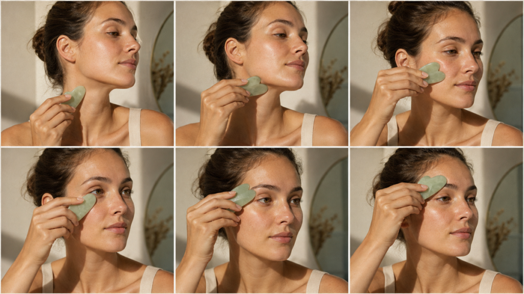 Six vertical gua sha panels showing gentle positions for the neck, jaw, cheek, under-eye area, brow, and forehead.