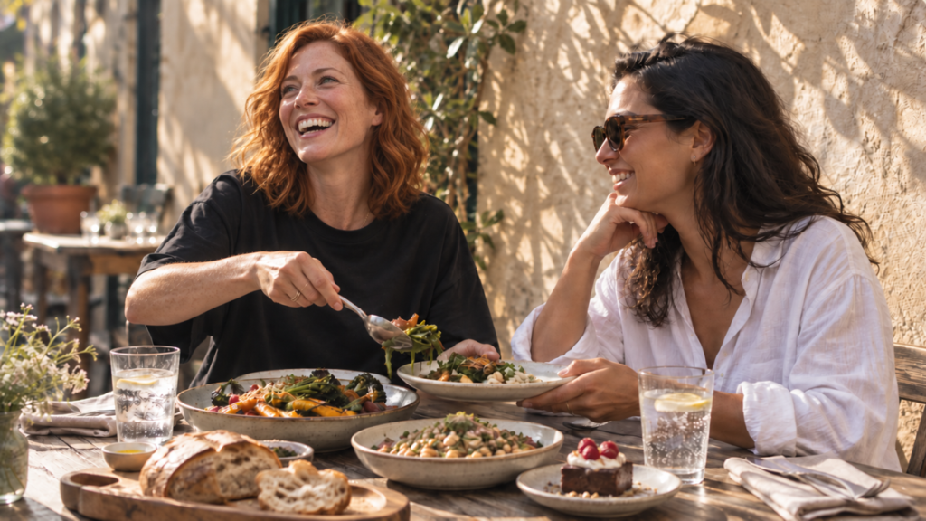 Two women share vegetables, beans, bread, and dessert at a sunny café table.
