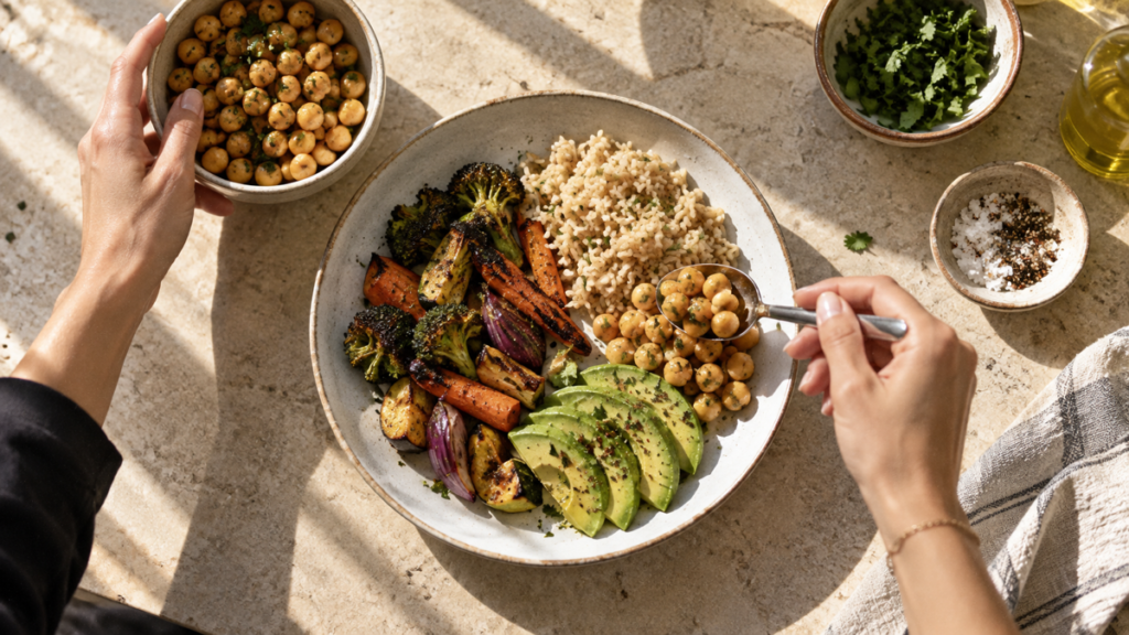 Hands add chickpeas to a plate with roasted vegetables, brown rice, and avocado.