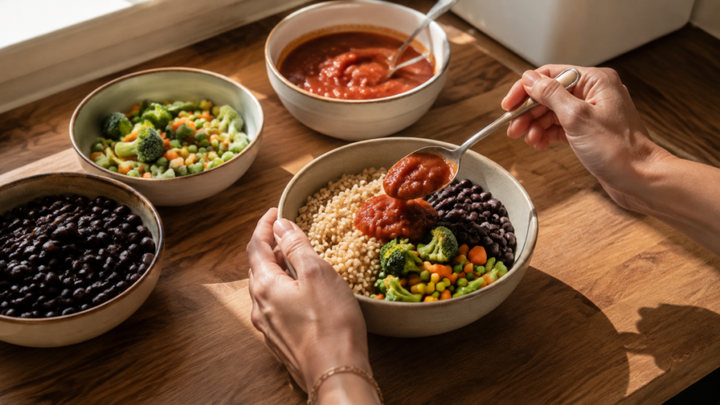 Hands adding salsa to a rice bowl with black beans and mixed vegetables.