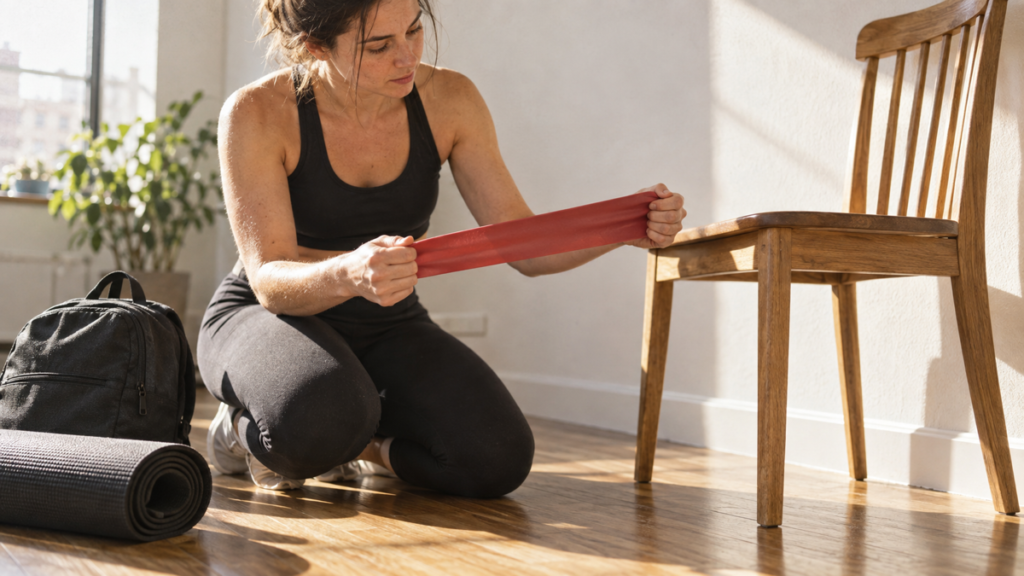 Woman inspecting a resistance band beside a stable chair, zipped backpack, and rolled exercise mat.