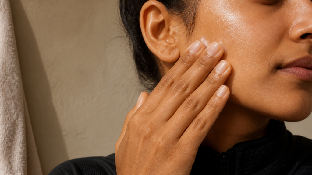 Close vertical portrait of flat fingertips gliding across a moisturized cheek with light pressure.