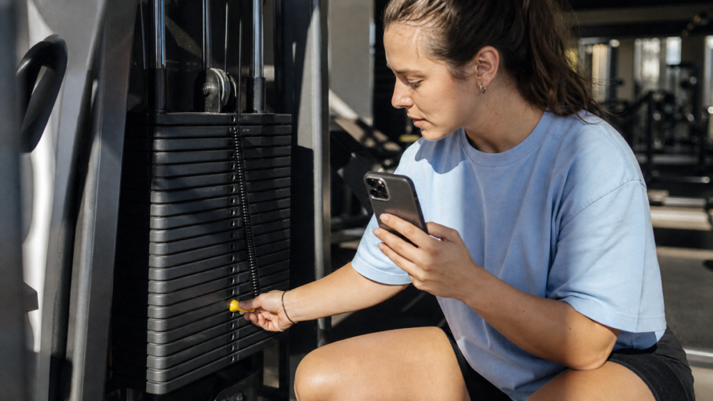 Woman choosing a low resistance-machine setting and recording it on her phone.