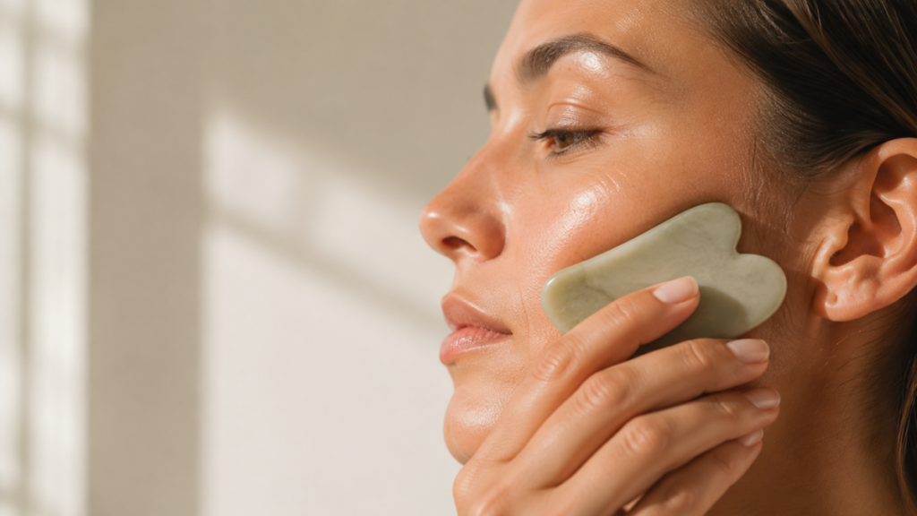 Broad side of a gua sha tool held at a low angle with light pressure on a moisturized cheek in a vertical close-up.