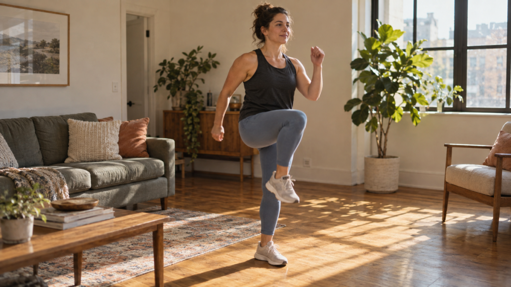 Woman doing low-impact marching cardio on a clear living-room floor at a comfortable effort.