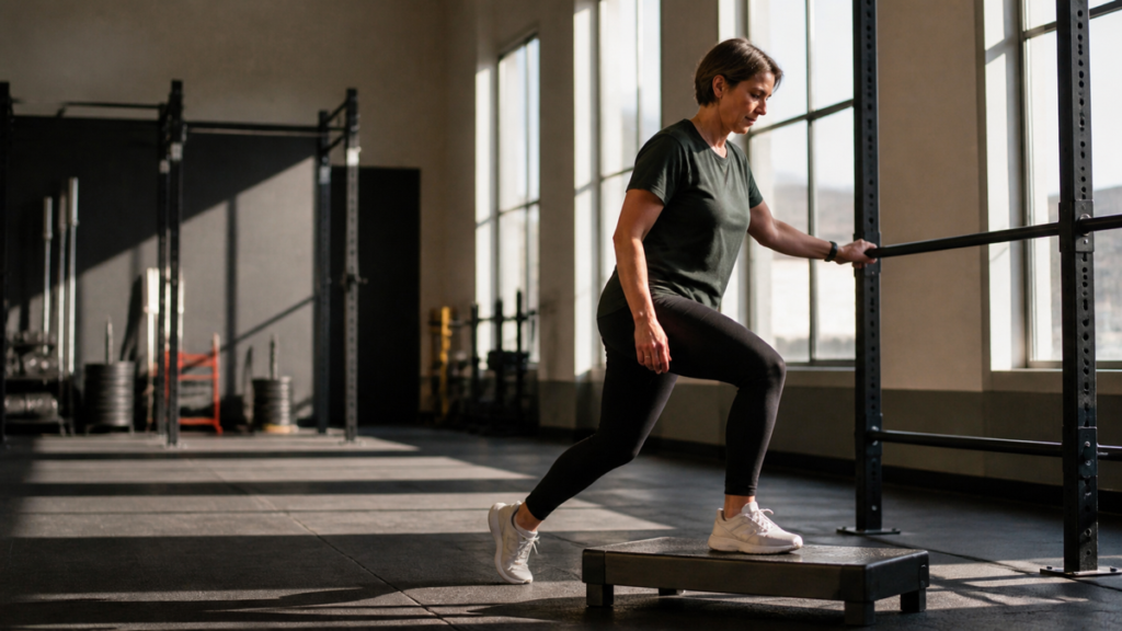 Beginner stepping onto a low platform with her whole foot planted and support nearby.