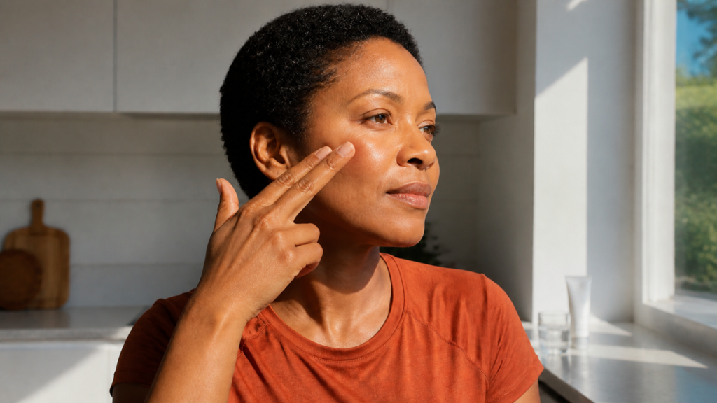 Woman using exactly two fingertips for a light outward cheek stroke during a sunlit morning routine.