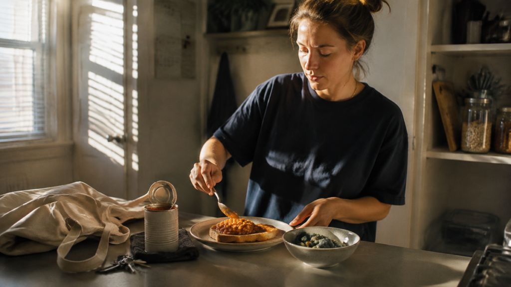 Woman making beans on toast with vegetables after work in a small sunlit kitchen.