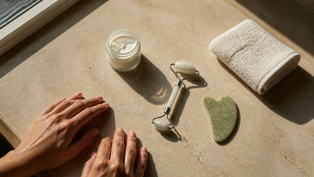 Clean hands beside an open moisturizer jar, facial roller, gua sha tool, and folded towel on a sunlit vanity.
