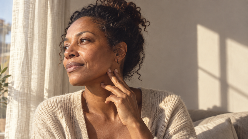 Woman with natural unretouched skin resting two fingertips lightly beside her jaw after a facial appointment.