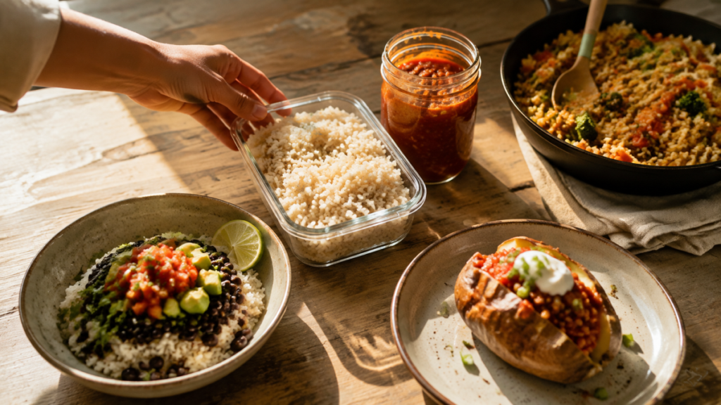 Cooked rice and tomato-lentil sauce reused in a rice bowl, loaded potato, and vegetable fried rice.