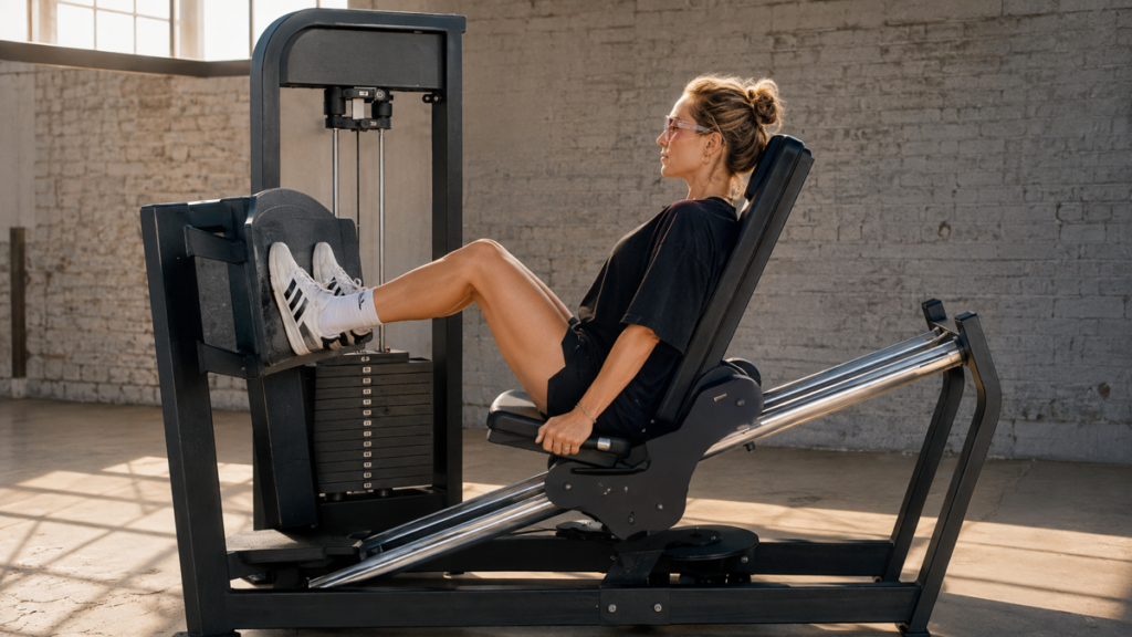 Woman using a selectorized seated leg press with a fixed footplate and moving seat carriage.