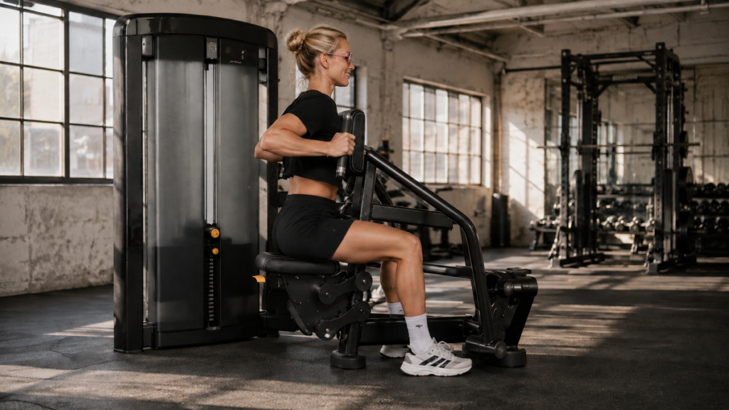 Woman testing a light weight on a chest-supported selectorized seated row with one working handle pair.
