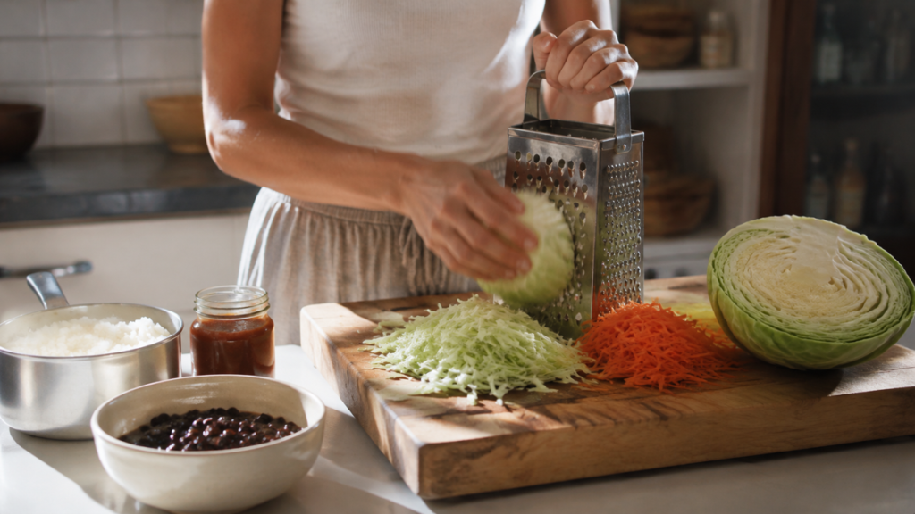 Woman shredding cabbage beside prepared rice, beans, carrots, and a simple sauce.