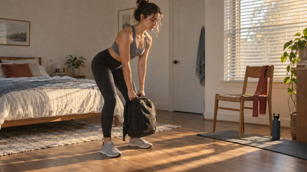 Beginner doing a controlled backpack hip hinge during a short morning workout in her apartment.