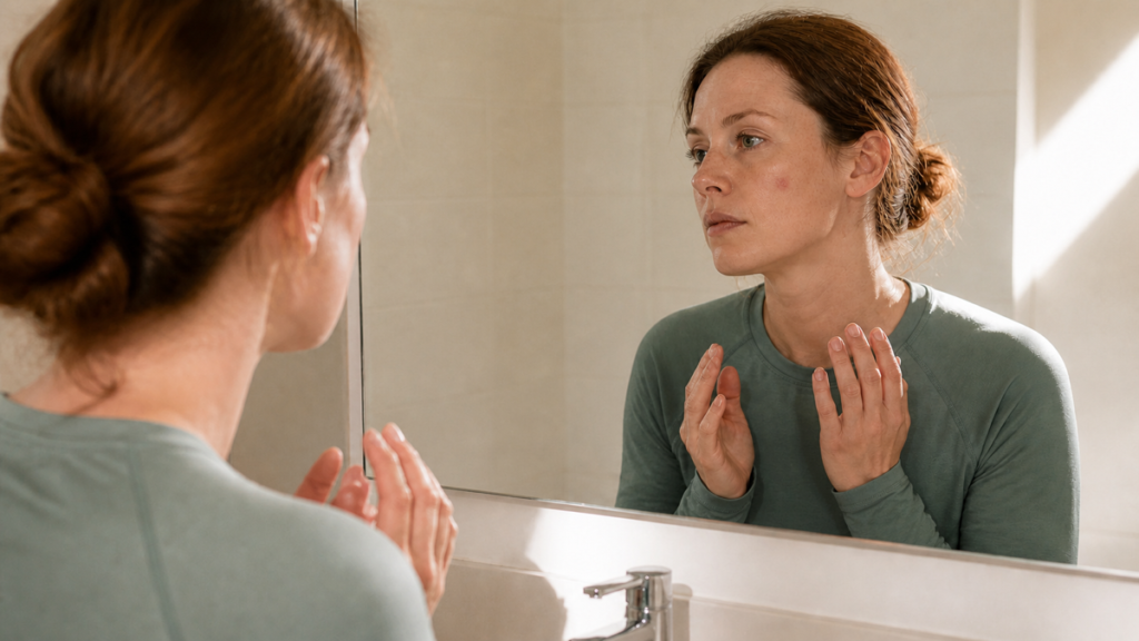 Woman pausing at a bathroom mirror after noticing a small patch of mild cheek irritation.